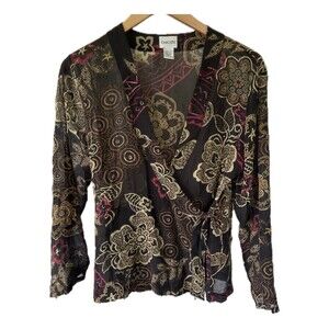 Chico's 100% Silk Floral Glitter Accent Wrap Side Tie Short Kimono Cardigan M